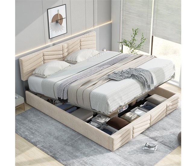 Conforama Cama Contenedor De Terciopelo Con Somier De Láminas + Cabecero Ajustable - 140x200cm - Beige