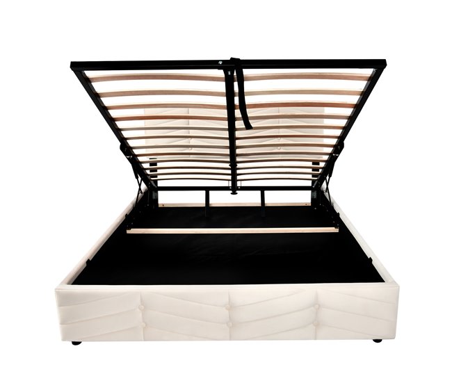 Conforama Cama contenedor de terciopelo con somier de láminas + cabecero ajustable - 140x200cm - Beige