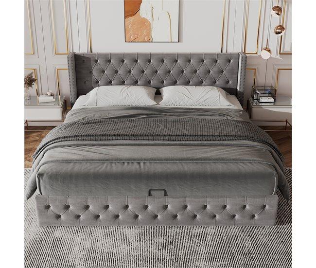 Conforama Cama Contenedor De Terciopelo Con Somier De Láminas 140x200 Cm - Gris