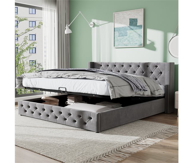 Conforama Cama Contenedor De Terciopelo Con Somier De Láminas 140x200 Cm - Gris