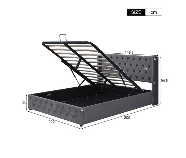 Conforama Cama Contenedor De Terciopelo Con Somier De Láminas 140x200 Cm - Gris