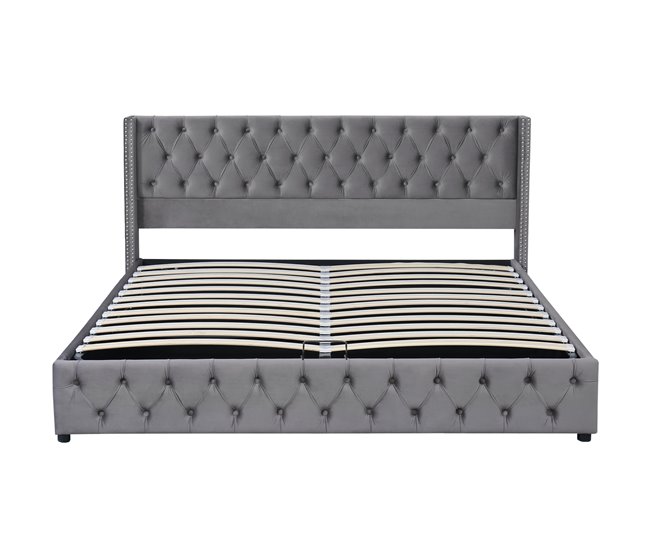 Conforama Cama contenedor de terciopelo con somier de láminas 140x200 cm - Gris