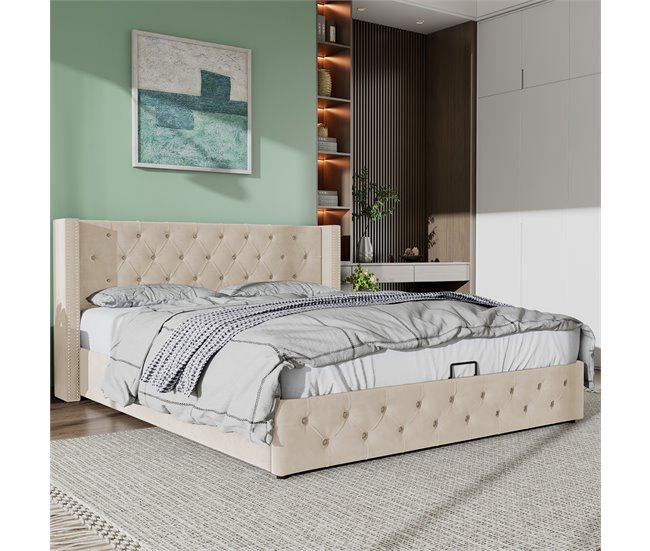 Conforama Cama Contenedor De Terciopelo Con Somier De Láminas 140x200 Cm - Beige