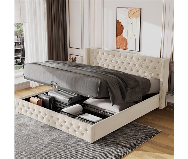 Conforama Cama Contenedor De Terciopelo Con Somier De Láminas 140x200 Cm - Beige
