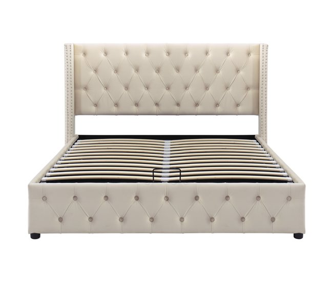 Conforama Cama contenedor de terciopelo con somier de láminas 140x200 cm - Beige