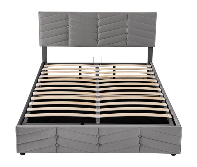 Conforama Cama contenedor de terciopelo con somier de láminas + cabecero ajustable - 140x200cm - Gris