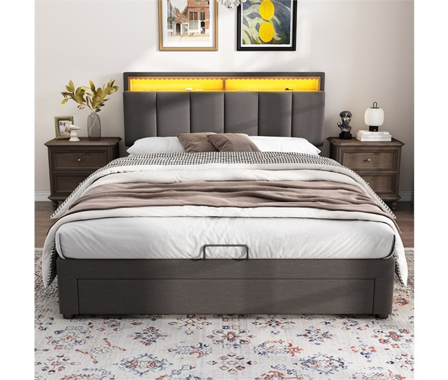 Conforama Cama Contenedor Tapizada 140x200 Cm En Lino Con Cajón Y LED - Cabecero Con Contenedor - Somier De Láminas - Gris