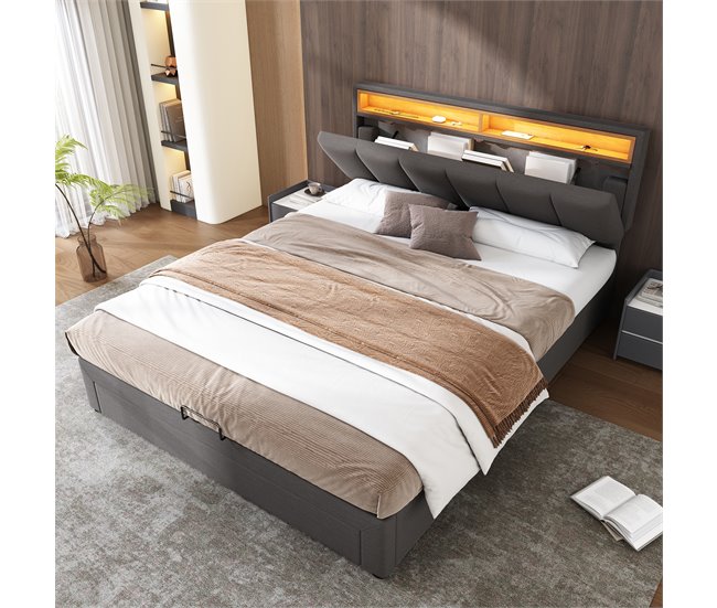 Conforama Cama Contenedor Tapizada 140x200 Cm En Lino Con Cajón Y LED - Cabecero Con Contenedor - Somier De Láminas - Gris
