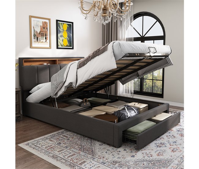 Conforama Cama Contenedor Tapizada 140x200 Cm En Lino Con Cajón Y LED - Cabecero Con Contenedor - Somier De Láminas - Gris