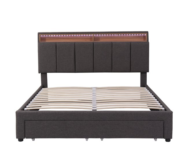 Conforama Cama contenedor tapizada 140x200 cm en lino con cajón y LED - cabecero con contenedor - somier de láminas - Gris