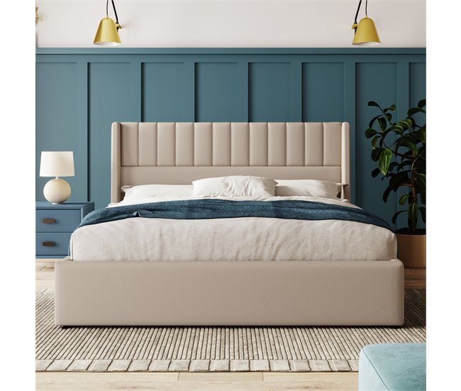 Conforama Cama Contenedor Tapizada 140x200 Cm En Lino Con Somier De Láminas - Beige