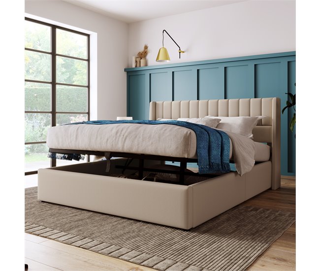 Conforama Cama Contenedor Tapizada 140x200 Cm En Lino Con Somier De Láminas - Beige