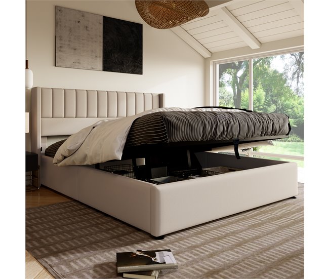Conforama Cama Contenedor Tapizada 140x200 Cm En Lino Con Somier De Láminas - Beige