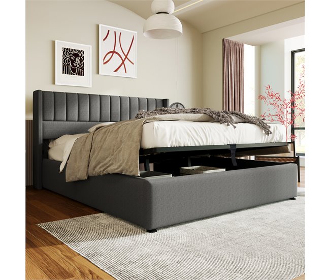 Conforama Cama Contenedor Tapizada 140x200 Cm En Lino Con Somier De Láminas - Gris