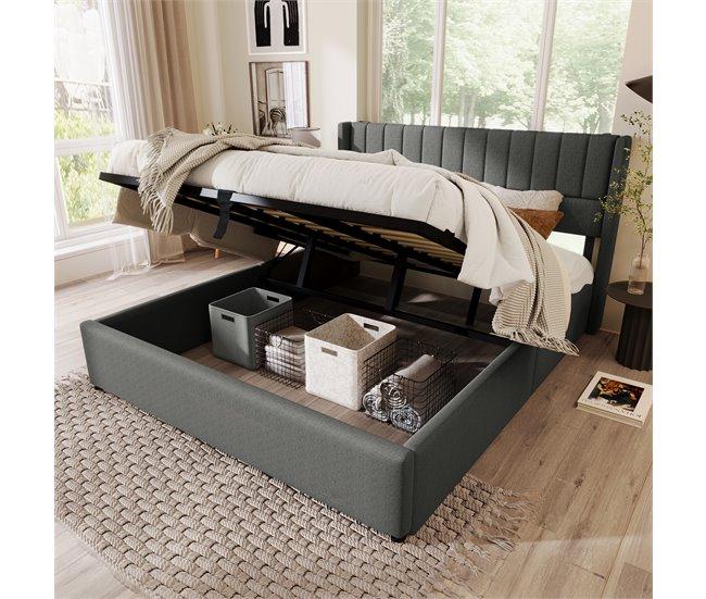 Conforama Cama Contenedor Tapizada 140x200 Cm En Lino Con Somier De Láminas - Gris