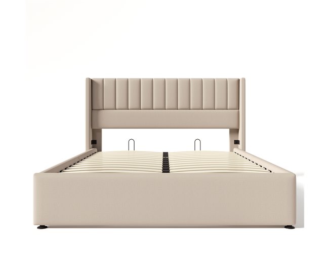 Conforama Cama contenedor tapizada 140x200 cm en lino con somier de láminas - Beige