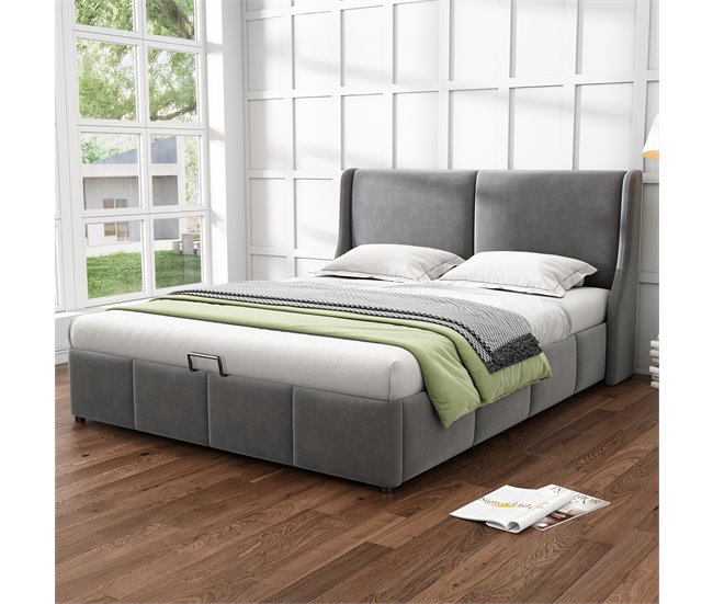 Conforama Cama Contenedor Tapizada 140x200cm En Terciopelo - Cama Contenedor Con Somier De Láminas - Gris