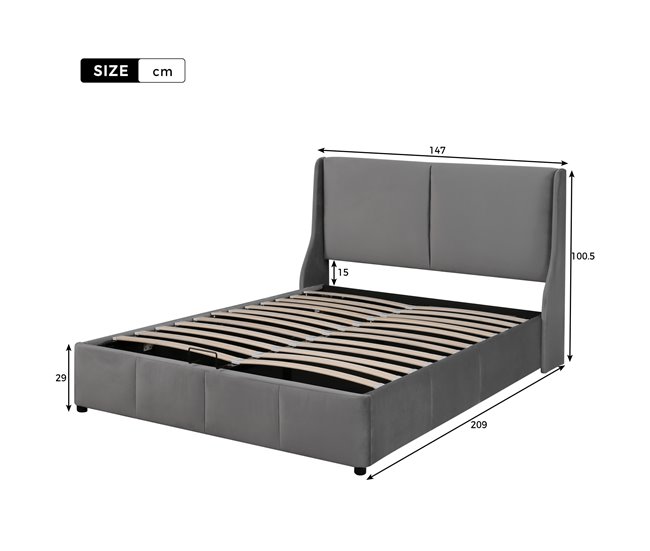 Conforama Cama Contenedor Tapizada 140x200cm En Terciopelo - Cama Contenedor Con Somier De Láminas - Gris