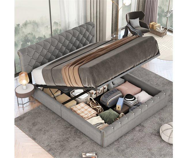 Conforama Cama Contenedor Tapizada 140x200cm - Tela Terciopelo - Cabecero Ajustable - Gris
