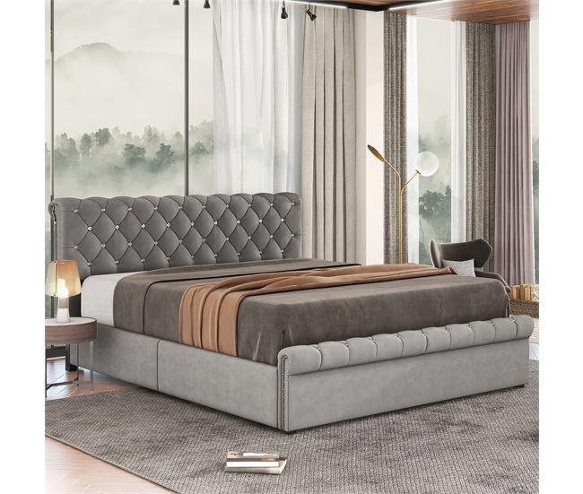 Conforama Cama Contenedor Tapizada 140x200cm - Tela Terciopelo - Cabecero Ajustable - Gris