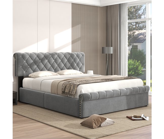 Conforama Cama Contenedor Tapizada 140x200cm - Tela Terciopelo - Cabecero Ajustable - Gris