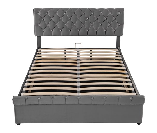 Conforama Cama contenedor tapizada 140x200cm - Tela terciopelo - Cabecero ajustable - Gris