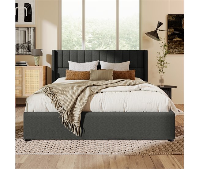 Conforama Cama Contenedor Tapizada 160x200 Cm En Lino Con Somier De Láminas - Gris