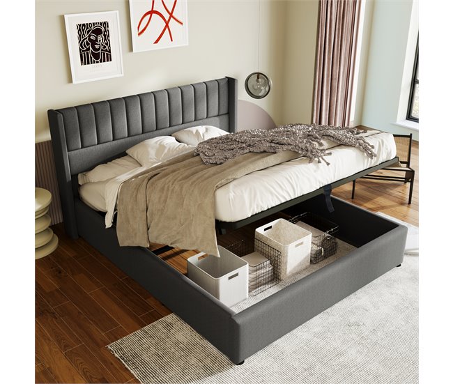 Conforama Cama Contenedor Tapizada 160x200 Cm En Lino Con Somier De Láminas - Gris