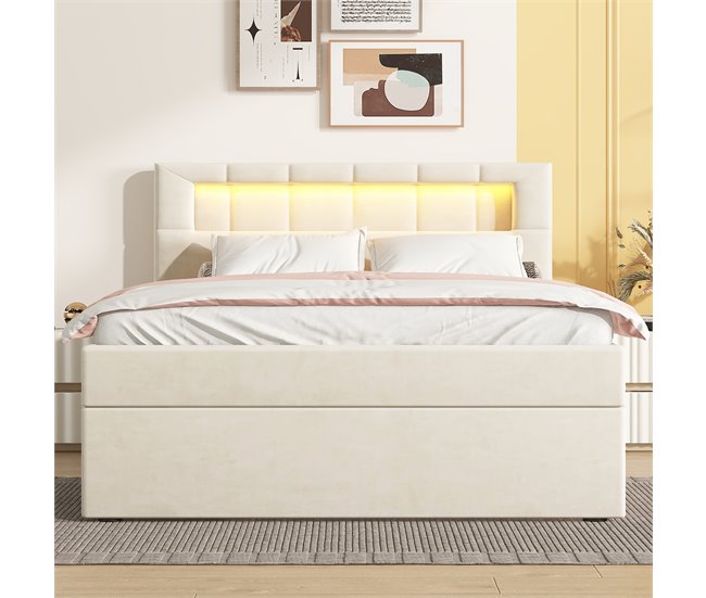 Conforama Cama Contenedor Tapizada 90x200 Cm - Con Iluminación LED - En Terciopelo - Beige