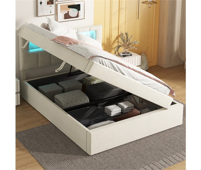 Conforama Cama Contenedor Tapizada 90x200 Cm - Con Iluminación LED - En Terciopelo - Beige