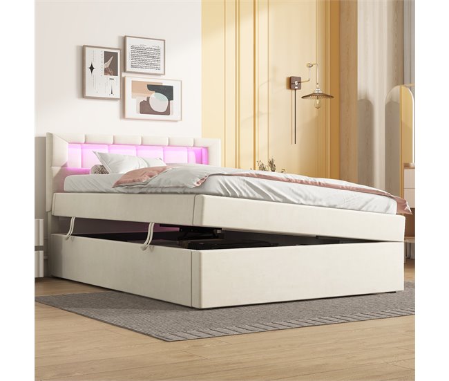 Conforama Cama Contenedor Tapizada 90x200 Cm - Con Iluminación LED - En Terciopelo - Beige