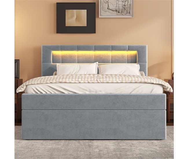 Conforama Cama Contenedor Tapizada 90x200 Cm - Con Iluminación LED - En Terciopelo - Gris