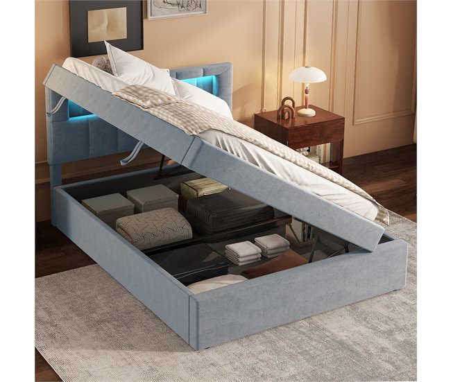 Conforama Cama Contenedor Tapizada 90x200 Cm - Con Iluminación LED - En Terciopelo - Gris
