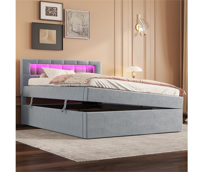 Conforama Cama Contenedor Tapizada 90x200 Cm - Con Iluminación LED - En Terciopelo - Gris