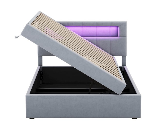 Conforama Cama contenedor tapizada 90x200 cm - con iluminación LED - en terciopelo - Gris