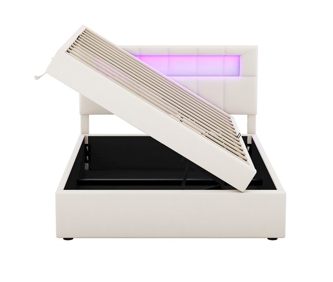 Conforama Cama contenedor tapizada 90x200 cm - con iluminación LED - en terciopelo - Beige