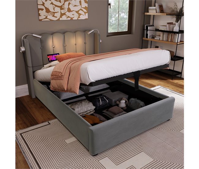 Conforama Cama Contenedor Tapizada Con LED Y Puertos De Carga USB - 90x200cm - Tela De Terciopelo - Con Somier - Gris