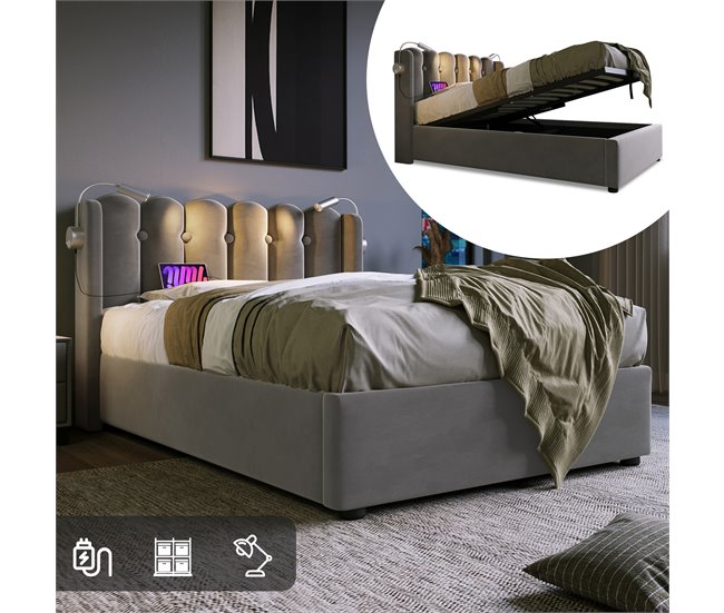 Conforama Cama Contenedor Tapizada Con LED Y Puertos De Carga USB - 90x200cm - Tela De Terciopelo - Con Somier - Gris