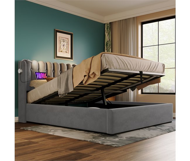 Conforama Cama Contenedor Tapizada Con LED Y Puertos De Carga USB - 90x200cm - Tela De Terciopelo - Con Somier - Gris