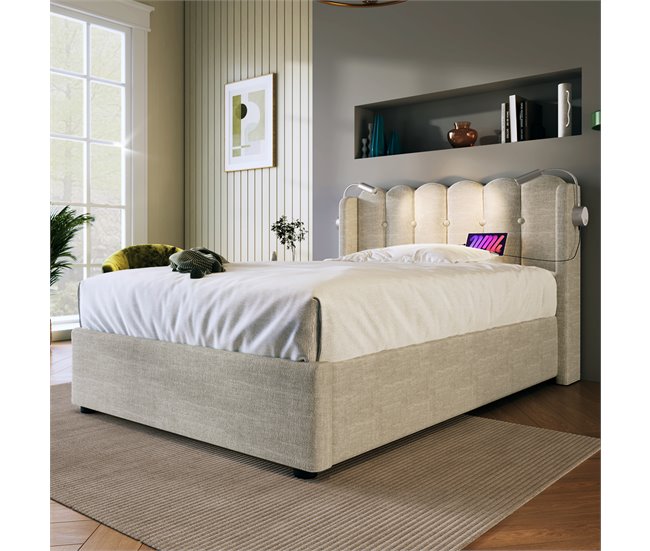 Conforama Cama Contenedor Tapizada Con LED Y Puertos De Carga USB - 90x200 Cm - Tela De Lino - Con Somier De Láminas - Beige