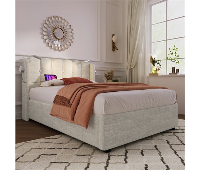 Conforama Cama Contenedor Tapizada Con LED Y Puertos De Carga USB - 90x200 Cm - Tela De Lino - Con Somier De Láminas - Beige