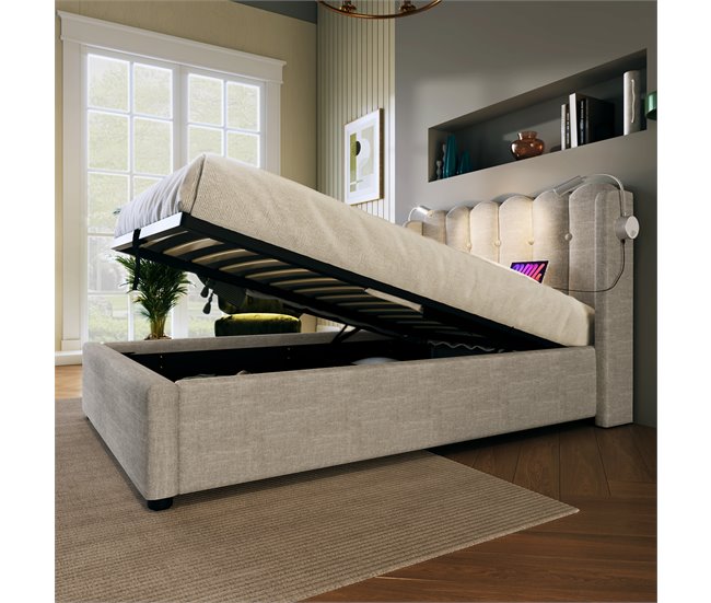 Conforama Cama Contenedor Tapizada Con LED Y Puertos De Carga USB - 90x200 Cm - Tela De Lino - Con Somier De Láminas - Beige