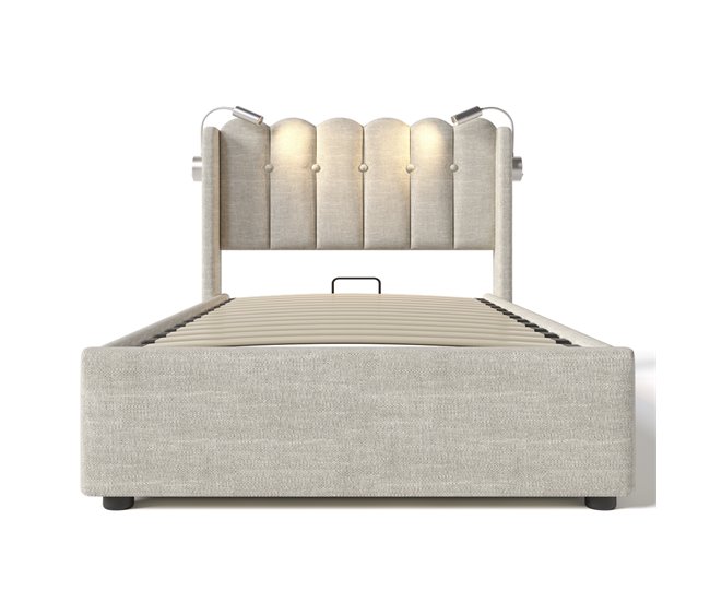Conforama Cama contenedor tapizada con LED y puertos de carga USB - 90x200 cm - tela de lino - con somier de láminas - Beige
