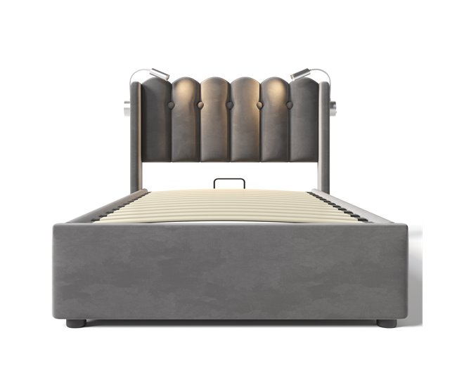 Conforama Cama contenedor tapizada con LED y puertos de carga USB - 90x200cm - tela de terciopelo - con somier - Gris