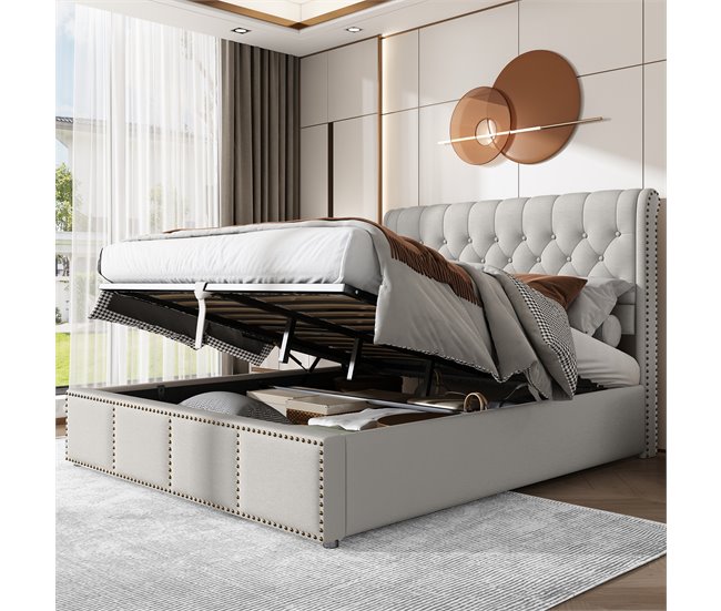 Conforama Cama Contenedor Tapizada De Lino - Decorada Con Remaches - Con Somier De Láminas - 140x200cm - Gris Claro
