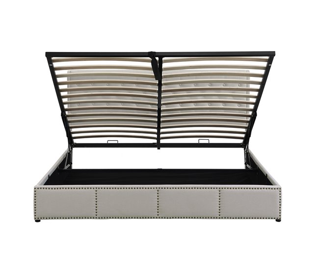 Conforama Cama Contenedor Tapizada De Lino - Decorada Con Remaches - Con Somier De Láminas - 140x200cm - Gris Claro