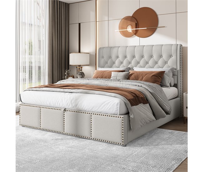 Conforama Cama Contenedor Tapizada De Lino - Decorada Con Remaches - Con Somier De Láminas - 140x200cm - Gris Claro