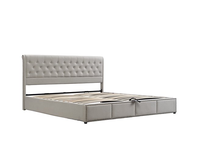 Conforama Cama contenedor tapizada de lino - decorada con remaches - con somier de láminas - 140x200cm - Gris claro