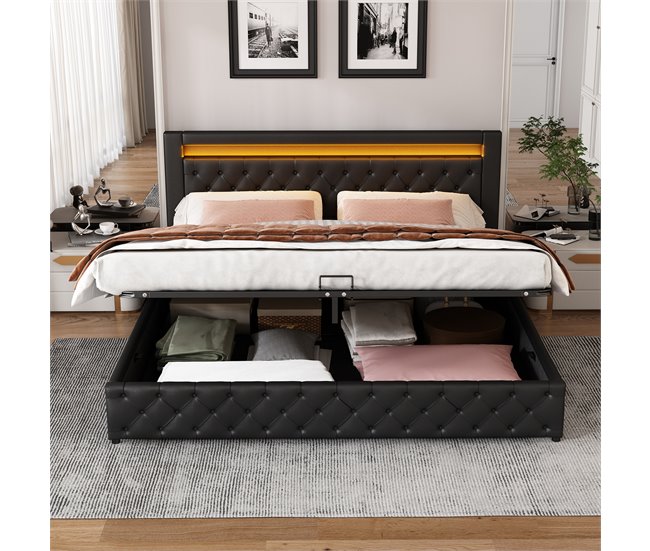 Conforama Cama Contenedor Tapizada De Piel Sintética Con LED - 180x200 Cm - Con Somier - Negro