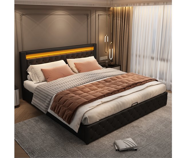 Conforama Cama Contenedor Tapizada De Piel Sintética Con LED - 180x200 Cm - Con Somier - Negro